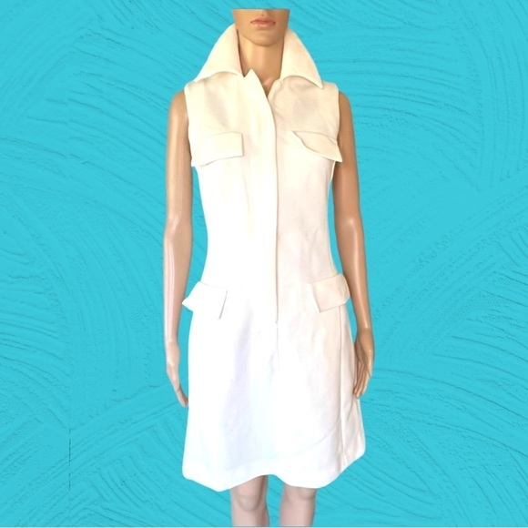 𝅺vintage Mod white sz XS/S dress ALine sheath wiggle crepe poly knit petite MCM - Picture 3 of 10